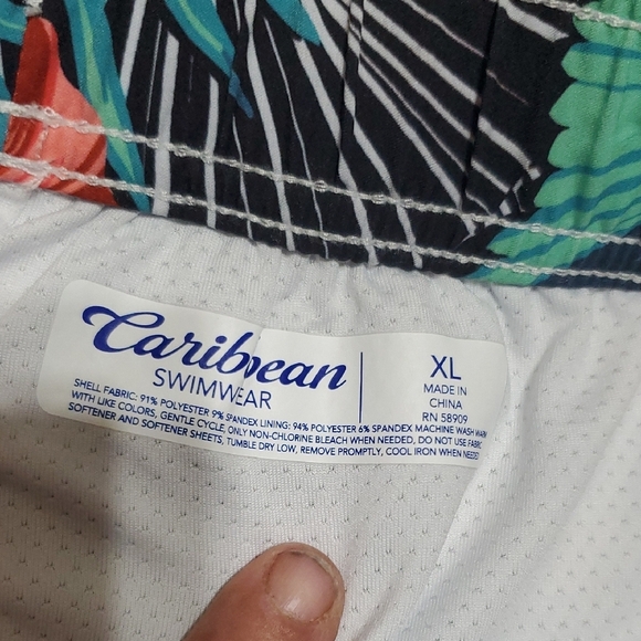 Caribbean Swim Trunks - Black, Green, Red Tropical Floral Pattern - Picture 2 of 8